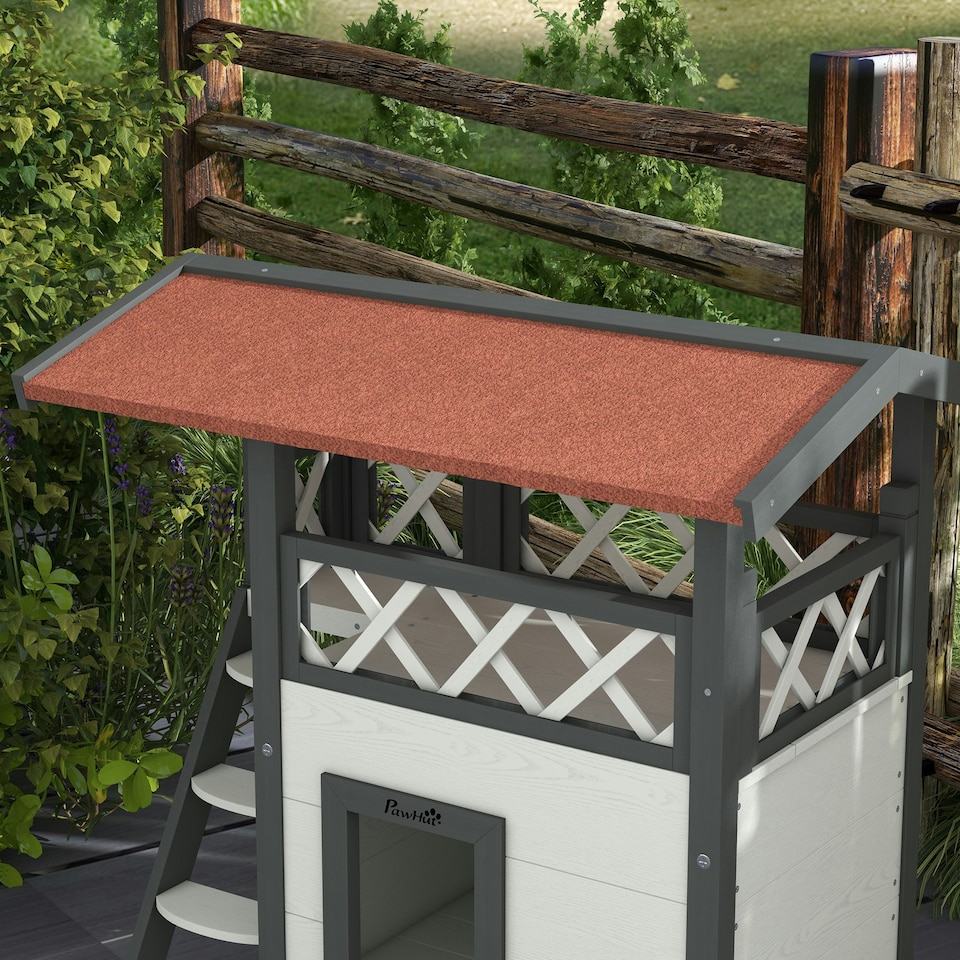 image 1 of PawHut Outdoor Cat House w/ Balcony Stairs Roof, White
