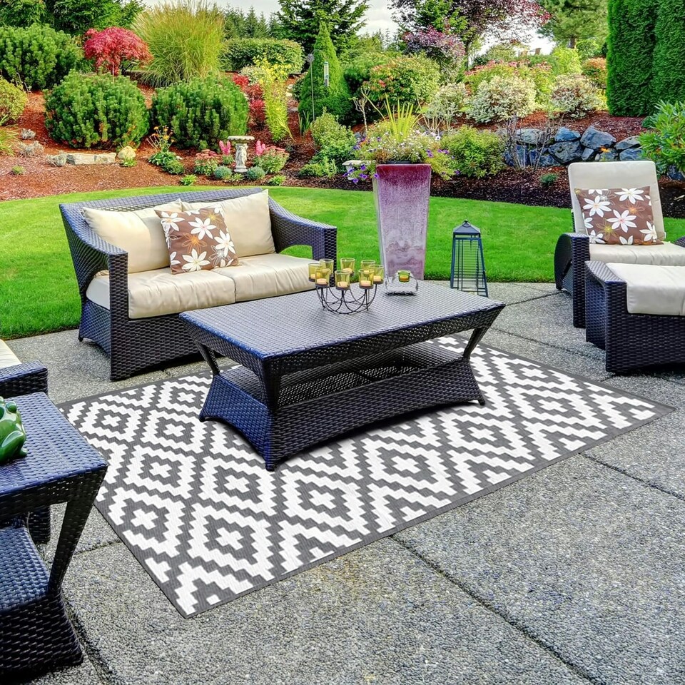 image 1 of Marco Paul Grey Aztec Outdoor Rug 180x120cm Black | white | 180 x 120cm