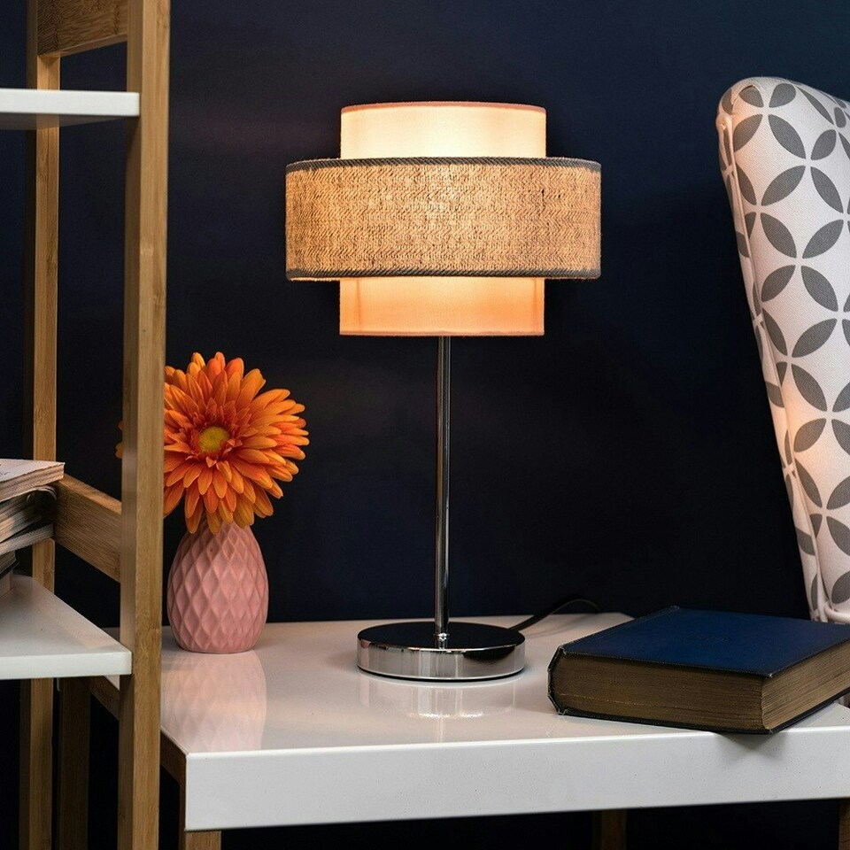 image 1 of ValueLights Weaver Chrome Touch Table Lamp Pink & Grey Shade & Bulb Multi