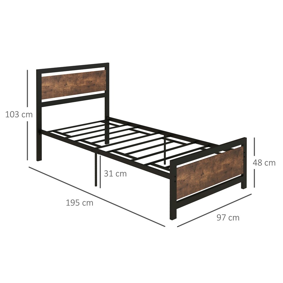 image 1 of HOMCOM Single Size Metal Bed Frame w/ Headboard & Footboard, 97x195x103cm