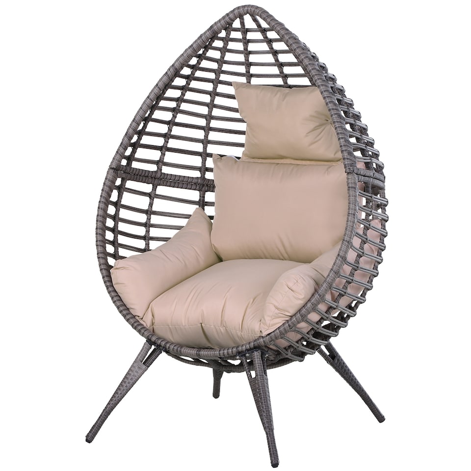 image 1 of Outsunny Garden Egg Chair, Teardrop Outdoor PE Rattan Chair with Full-body Soft Padded Cushion, Grey