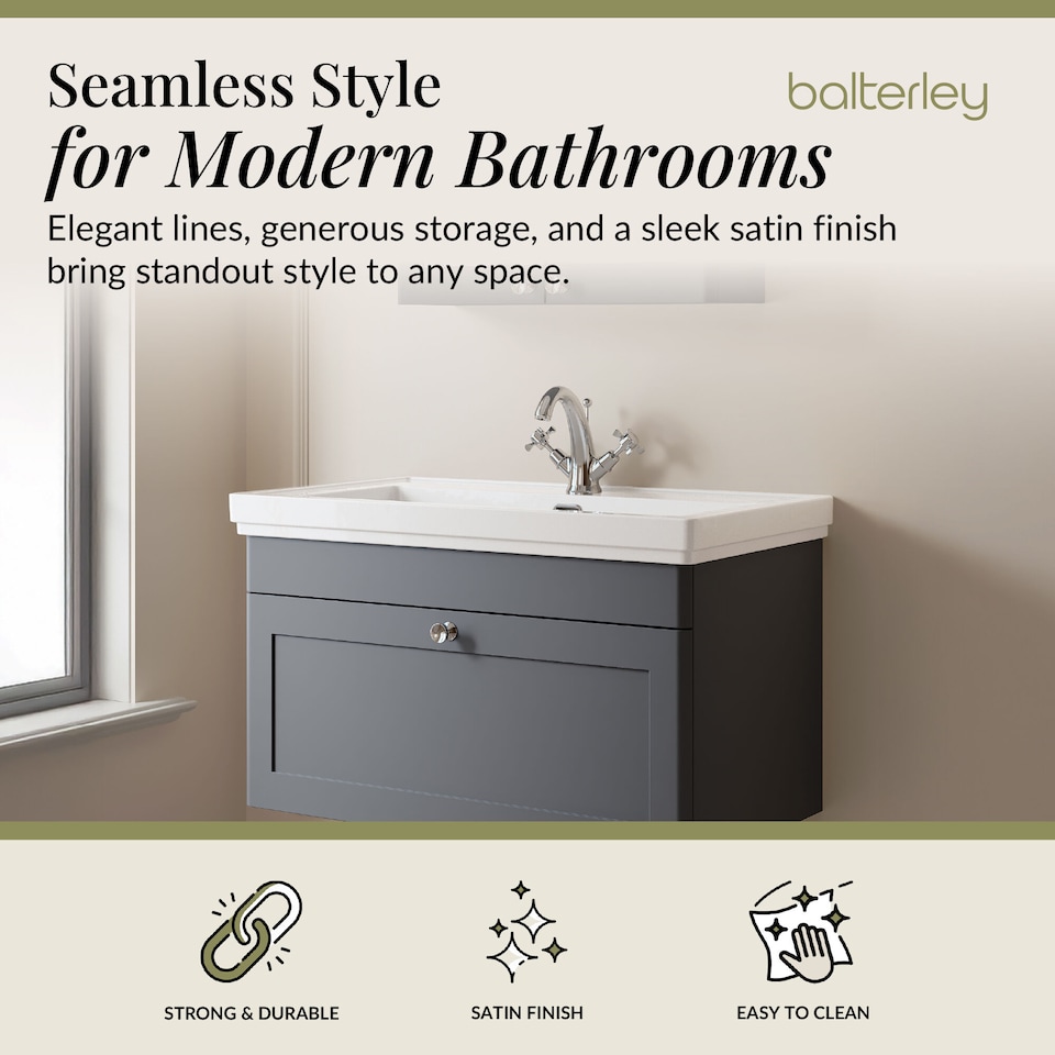 image 1 of Bathroom Wall Hung 1-Drawer Vanity Unit & Fireclay Basin, Grey, 800mm | Grey | Dark Grey | 470 x 830 x 496mm