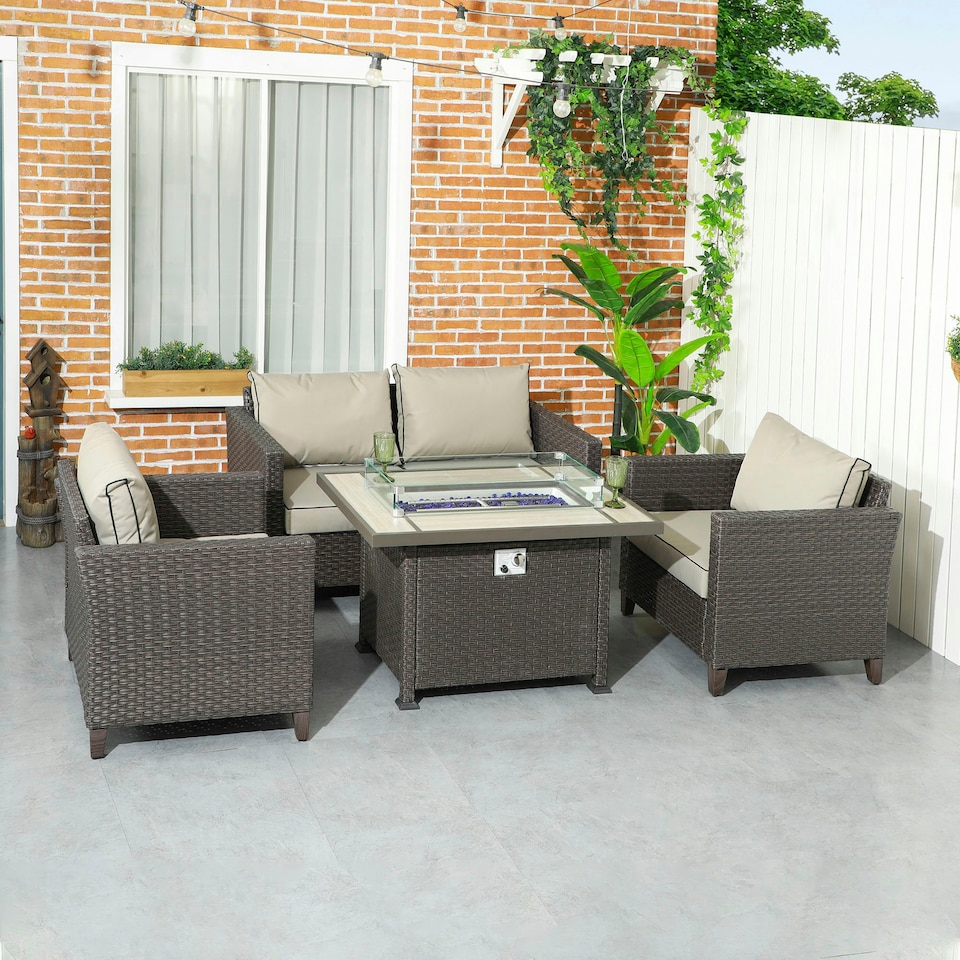 image 1 of Outsunny 5 PCs Rattan Garden Furniture Set with Gas Fire Pit Table, Brown