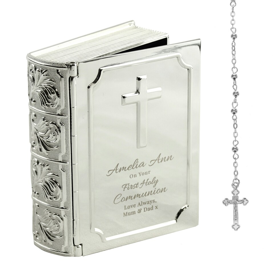 image 1 of Personalised First Holy Communion Bible Trinket Box with Rosary Beads