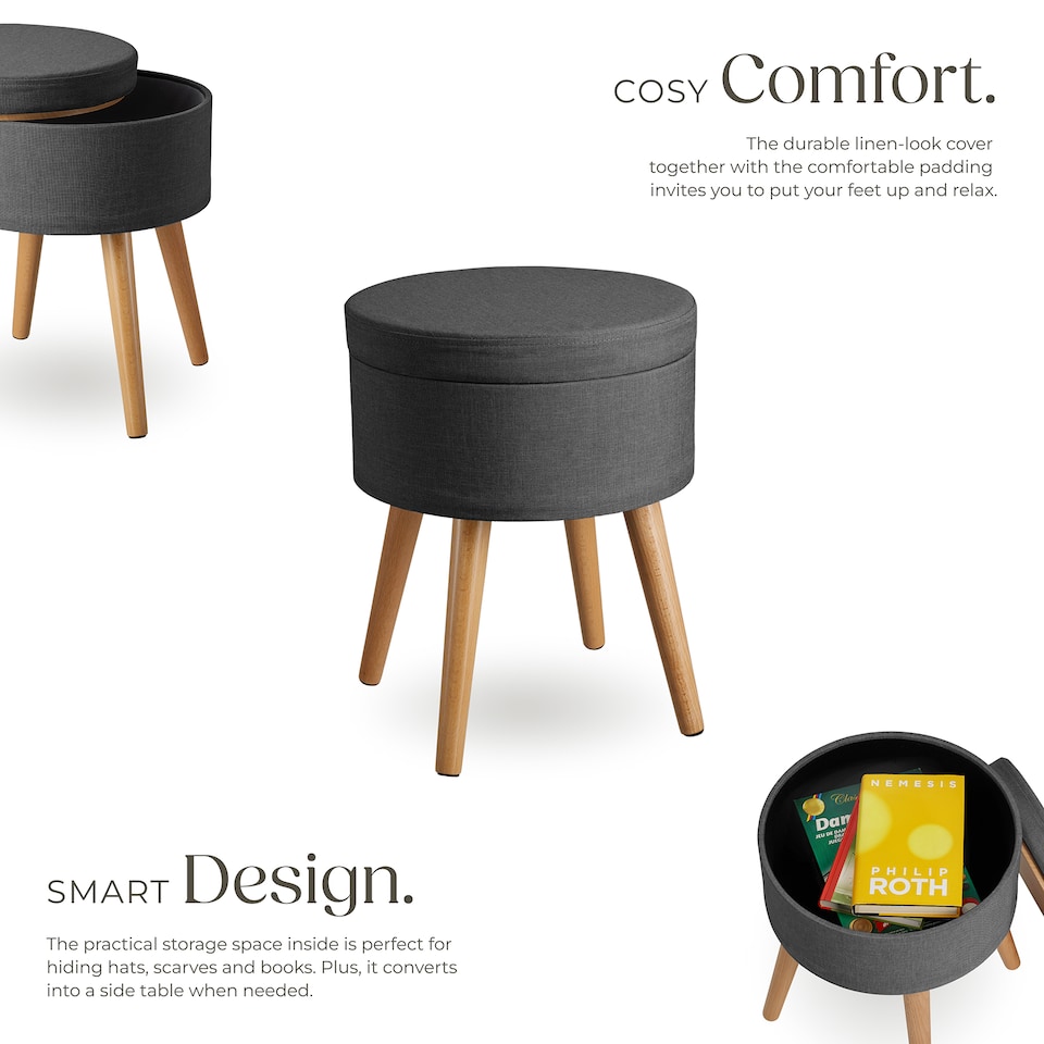 image 1 of Stool Yara - round, padded, with storage space, linen look | Grey | dark grey | 42,50 x 42,50 x 45,50 cm | 1