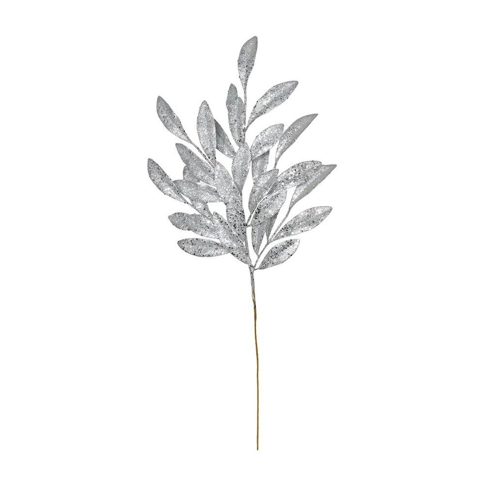 image 1 of Artificial Glitter Bay Leaf Spray Silver - H60cm
