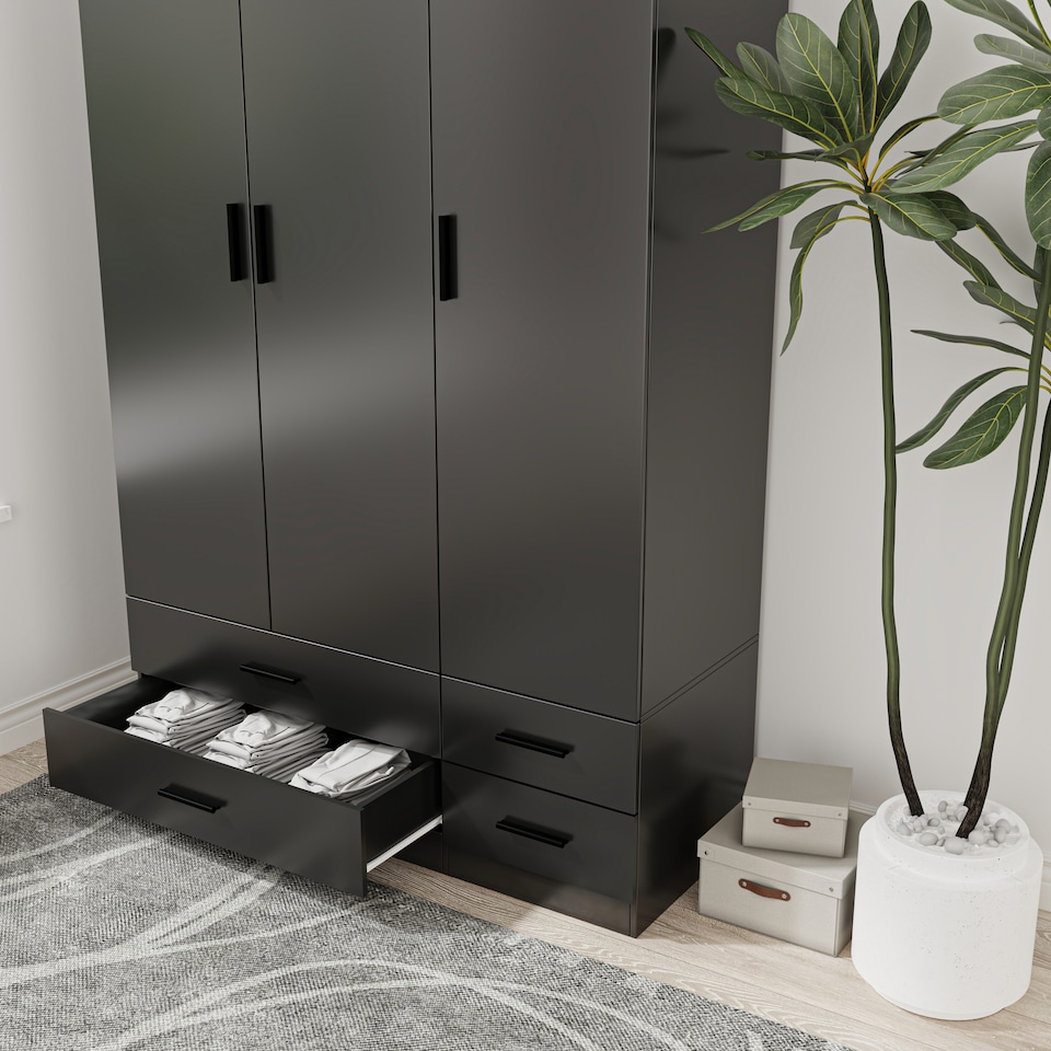 image 1 of 3 Door 4 Drawer Wardrobe With Hanging Rail And Storage Shelf | Black | Black Carcass & Door | 1