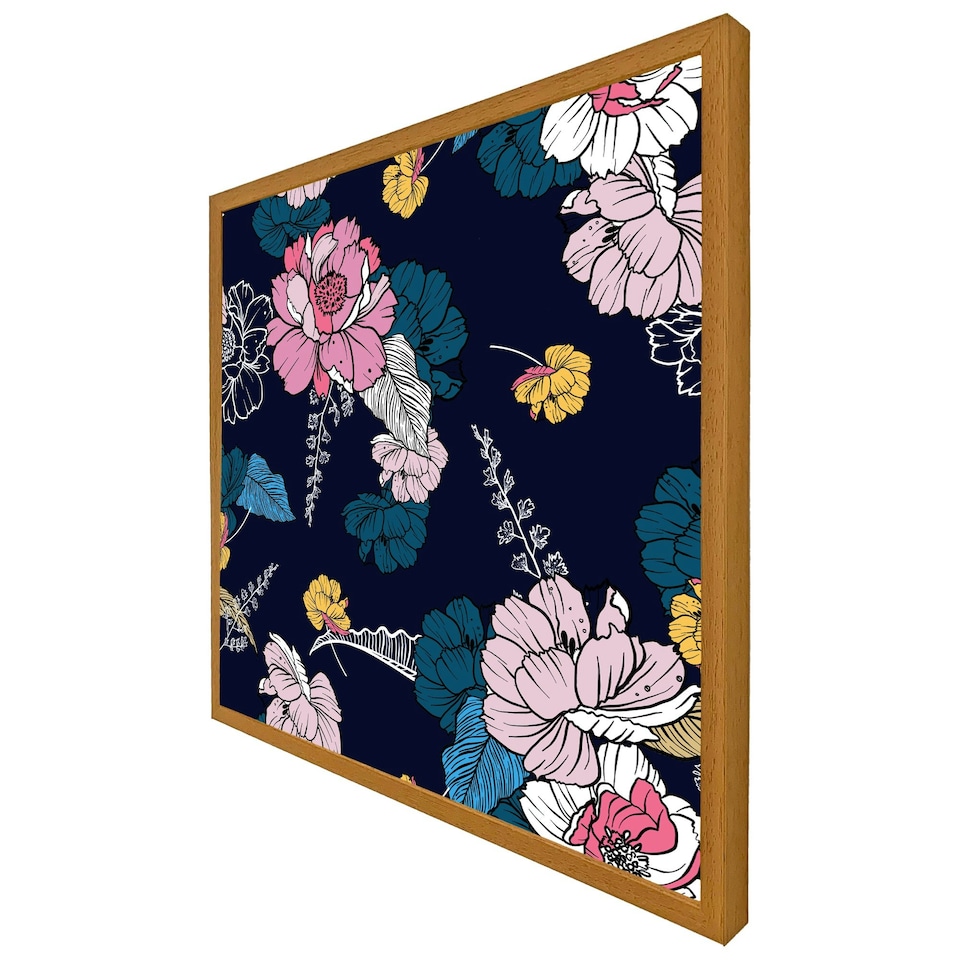 image 1 of Pink flowers on navy (Picture Frame) Grey | S