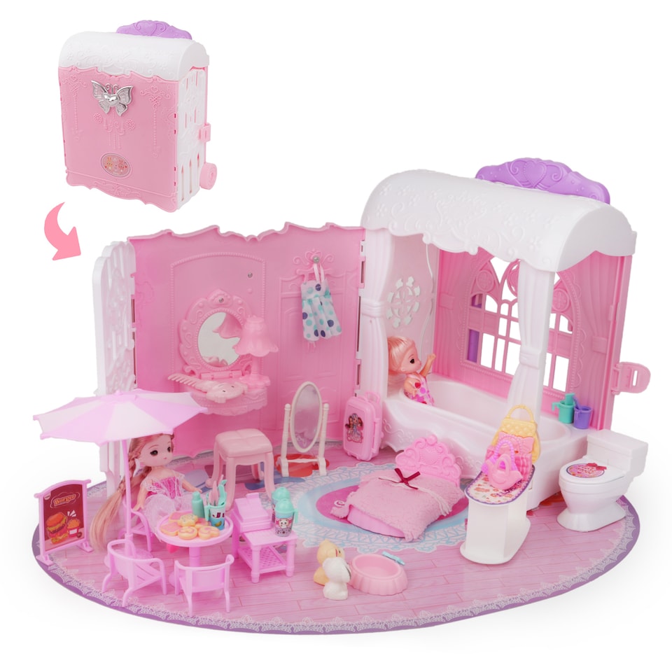 image 1 of Princess Carriage Dollhouse Playset – Portable Suitcase with 2 Dolls & 50+ Accessories