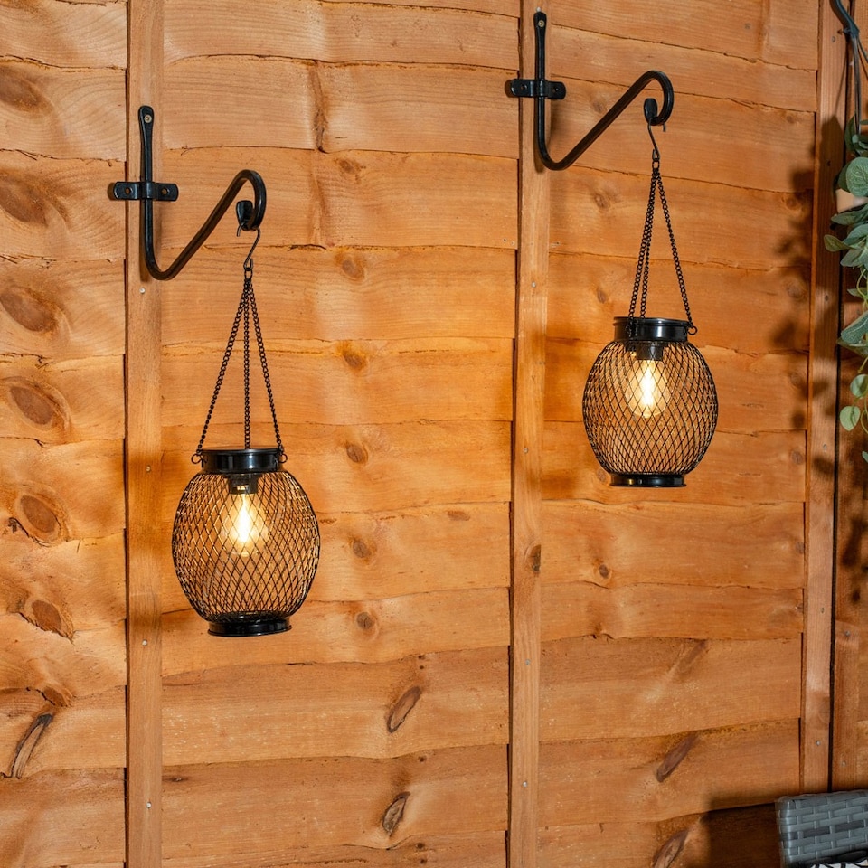 image 1 of ValueLights 2 Pack Solar Powered Outdoor Black Metal Mesh Cage Garden Lantern Lights