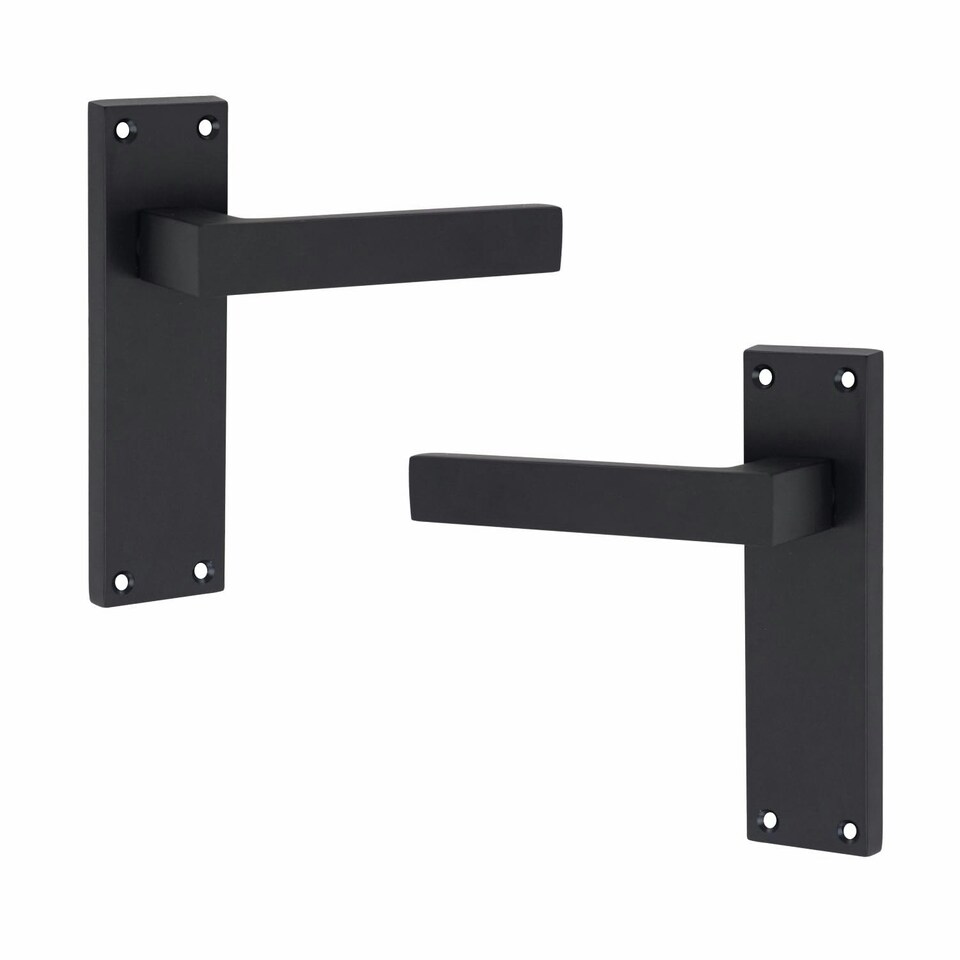 image 1 of Golden Grace 4 Sets Victorian Straight Delta Door Handles in Matt Black with 1 Pair of 3" Ball Bearing Hinges & Latches Pack - 150mm x 40mm Backplate Black