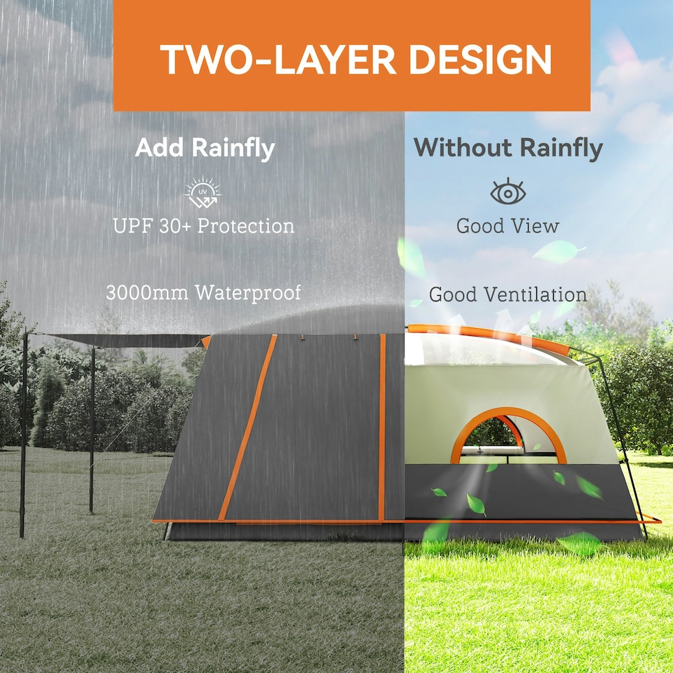 image 1 of Outsunny 4-6 Man Camping Tent with 2 Bedroom, 3000mm Waterproof, Grey