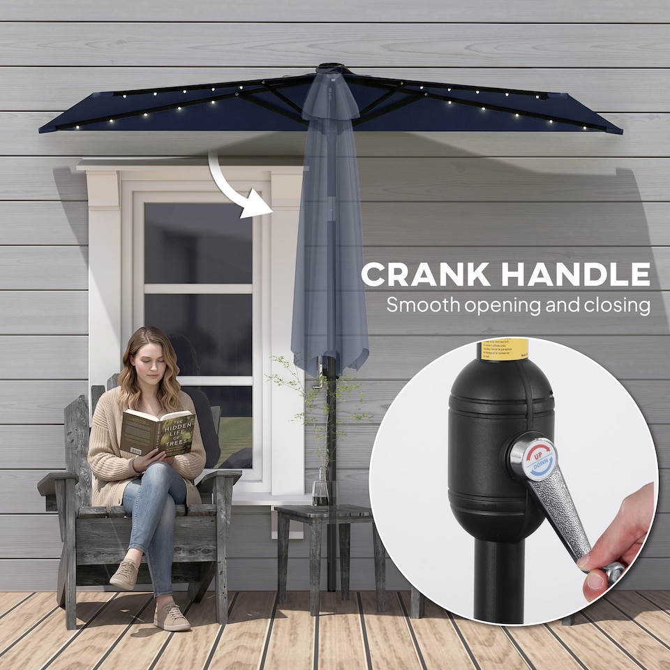 image 1 of Outsunny 2.6 m Half Parasol with Solar Lights, UPF50+ Semi Round Umbrella | Blue | Dark Grey | 265 x 135 x 239 cm