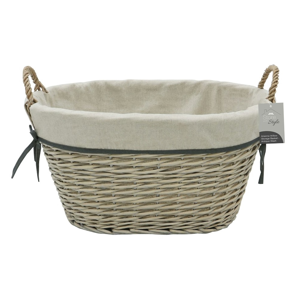 image 1 of JVL Arianna Oval Tapered Willow Storage Basket, Grey Wash Grey