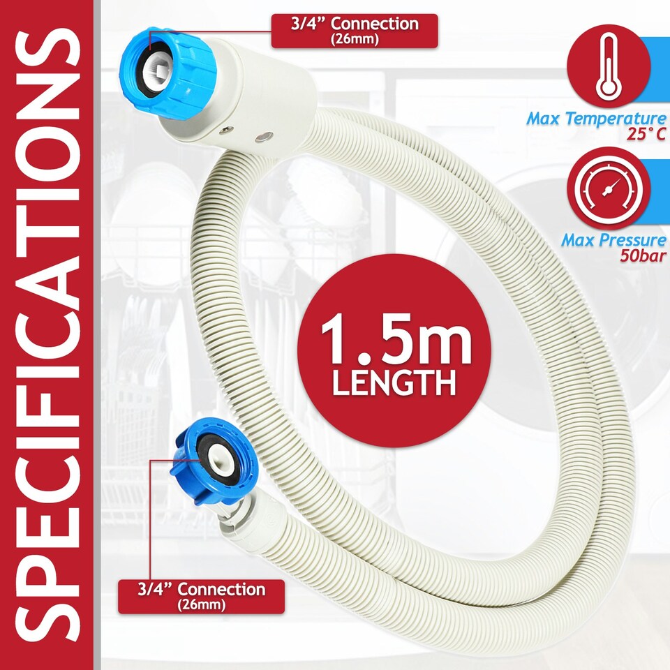 image 1 of SPARES2GO Safety Inlet Hose Washing Machine Dishwasher Water Fill Leak Protection Stop Valve Pipe (1.5m Length, 3/4" Connections)
