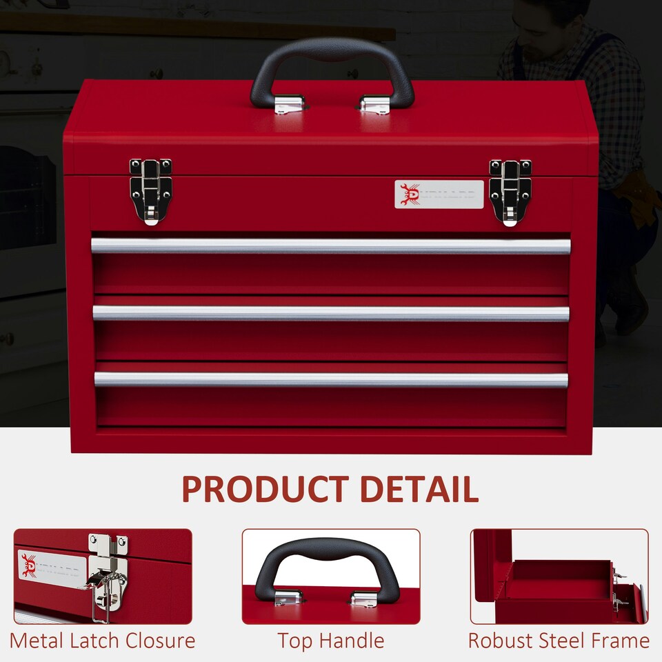 image 1 of DURHAND Lockable 3 Drawer Tool Chest with Ball Bearing Slide Drawers Red | Red | 51L x 22W x 32H cm | 1