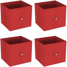Foldable Woven Fabric Storage Cube Box Drawer Insert Organiser Basket with Handle | Red | Red | Pack of 4 | 4