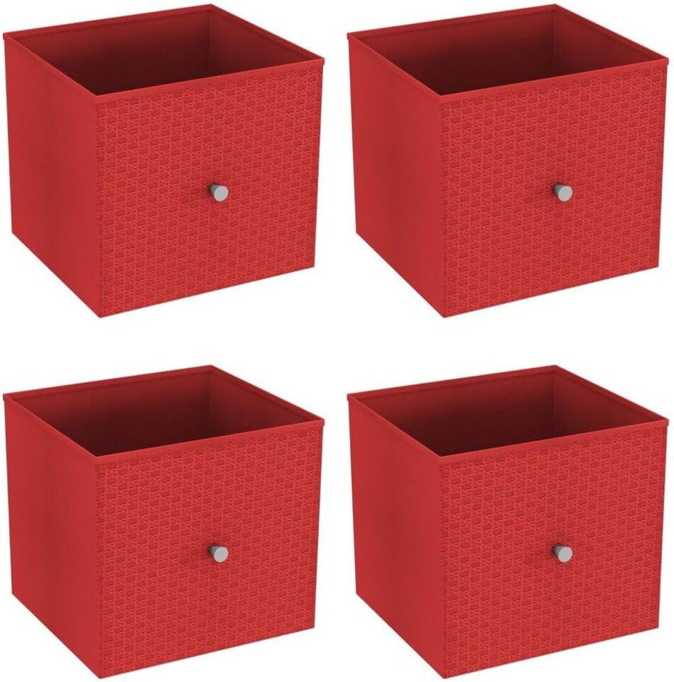 image 1 of Foldable Woven Fabric Storage Cube Box Drawer Insert Organiser Basket with Handle | Red | Red | Pack of 4 | 4