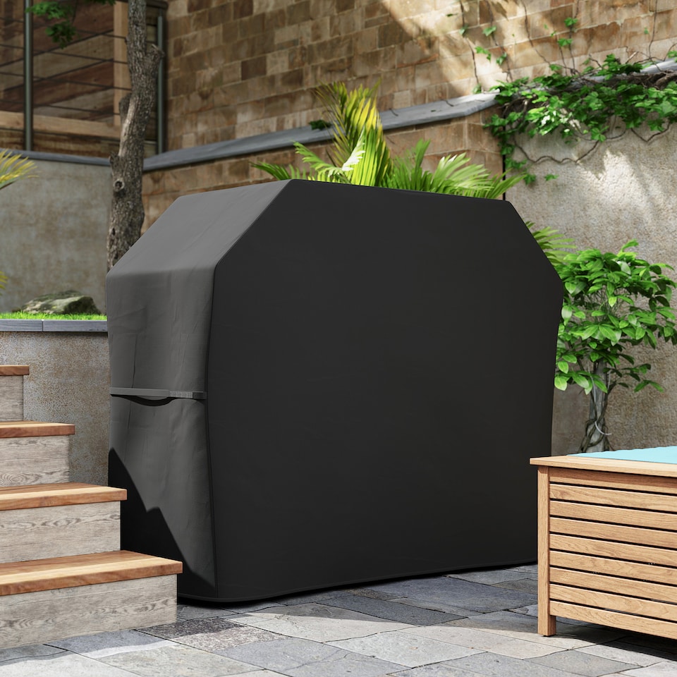 image 1 of Outsunny BBQ Cover for Rectangular Gas Grill, 420D Oxford Fabric Barbecue Covers, Waterproof UV Protection Rip-Proof, with Windproof Drawstring and Hook and Loop Fasteners, Black, 147 x 61 x 120cm