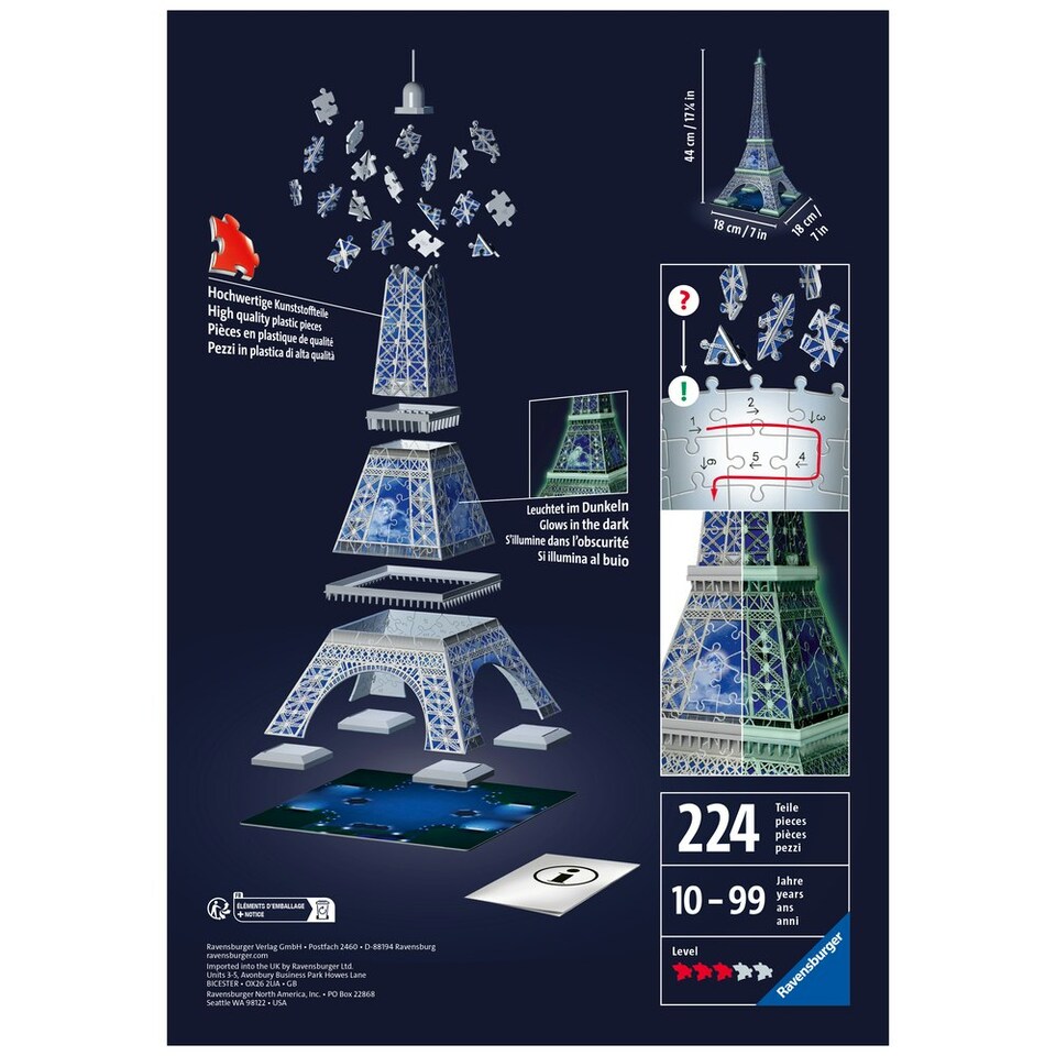 image 1 of Ravensburger Eiffel Tower Glow in the Dark 216 Piece 3D Jigsaw Puzzle