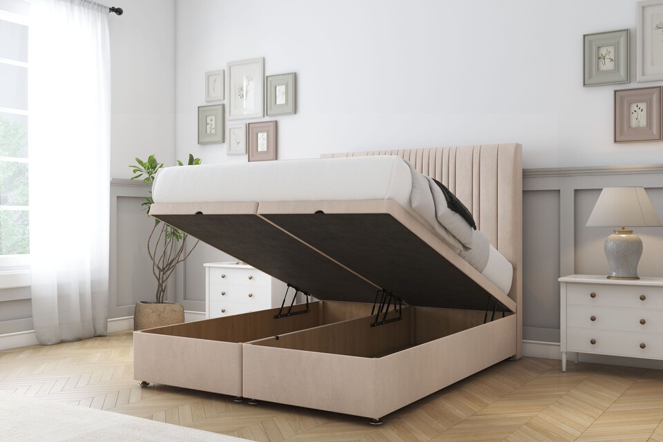 image 1 of Sloomy Kingsley Sand Naples Ottoman Bed With Mattress With 54" Floor Standing Headboard 4'6 Double