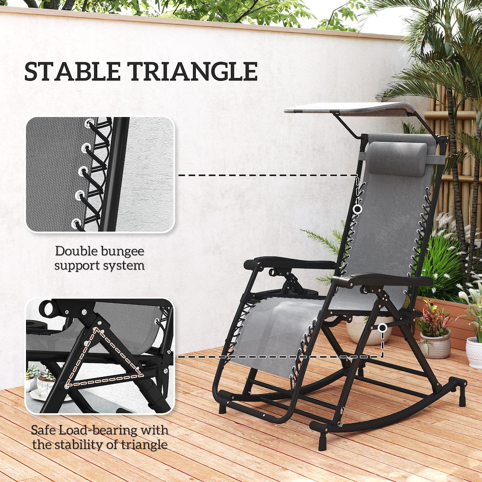 image 1 of Outsunny Garden Rocking Chair Folding Recliner Outdoor Adjustable Sun Lounger Rocker Zero-Gravity Seat with Headrest Side Holder Patio Deck - Grey