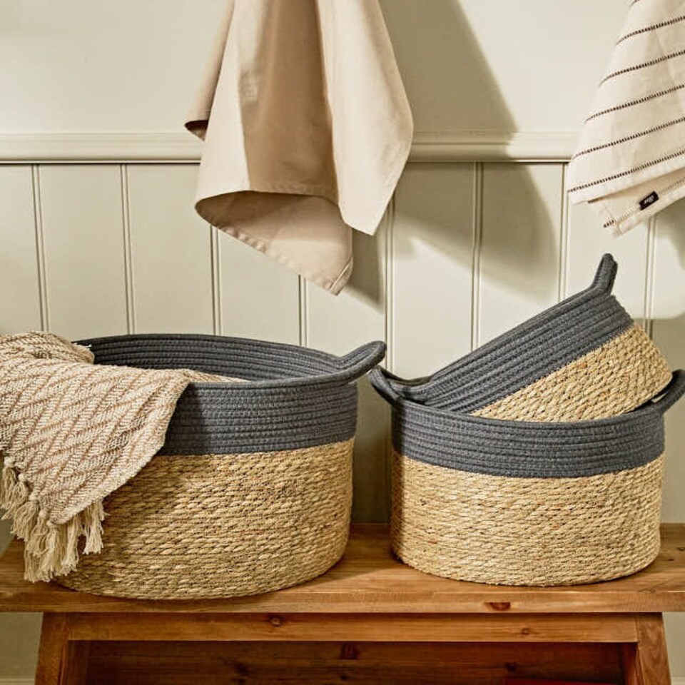 image 1 of Seagrass Grey Stripe Basket Grey | Stripe