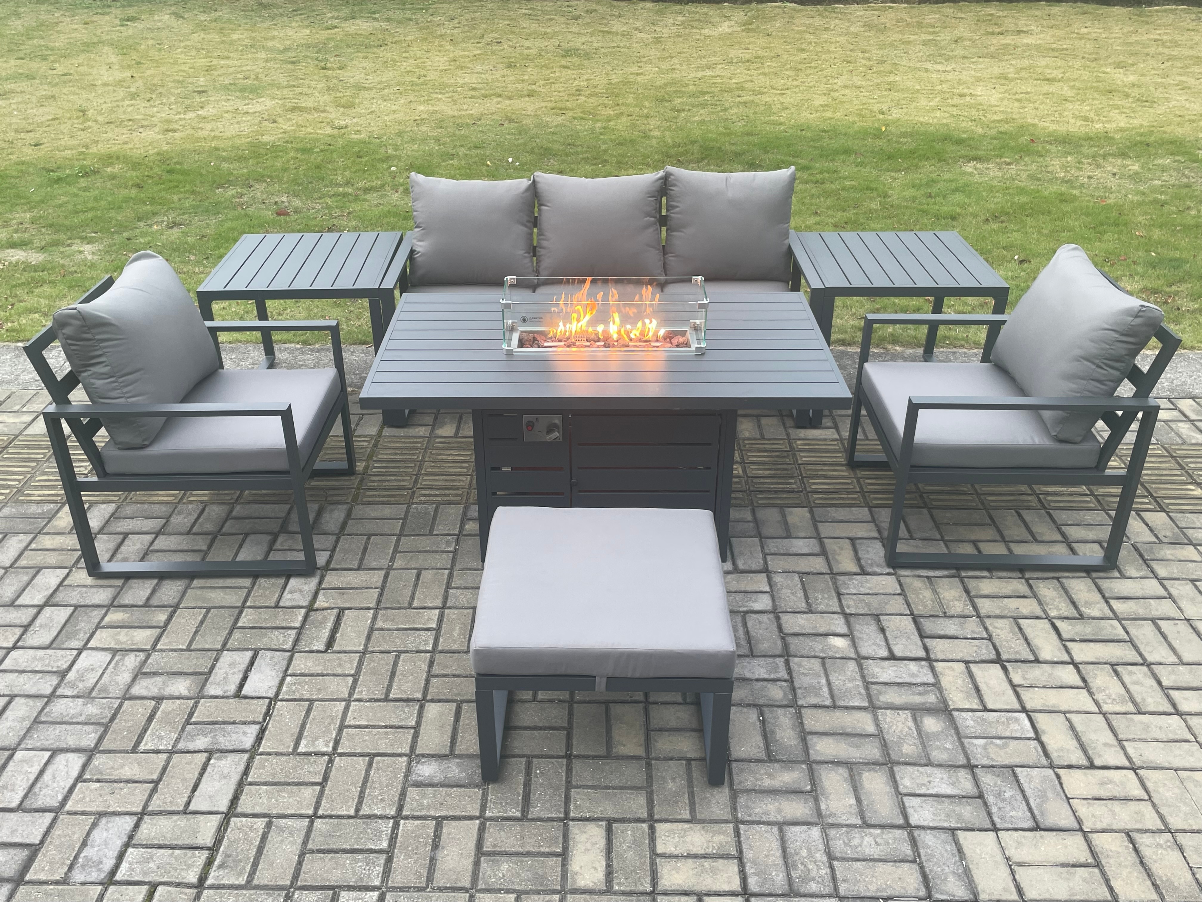 Fimous Aluminium Outdoor Garden Furniture Set Gas Fire Pit Dining Table Set Gas Heater Burner with 2 Arm Chair 2 Side Tables Big Footstool Dark Grey 6