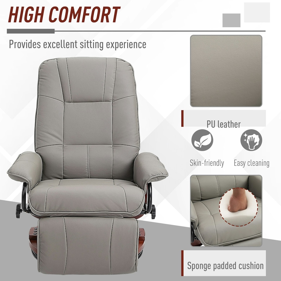 image 1 of HOMCOM Ergonomic Office Recliner Sofa Chair PU Leather Armchair Lounger Grey
