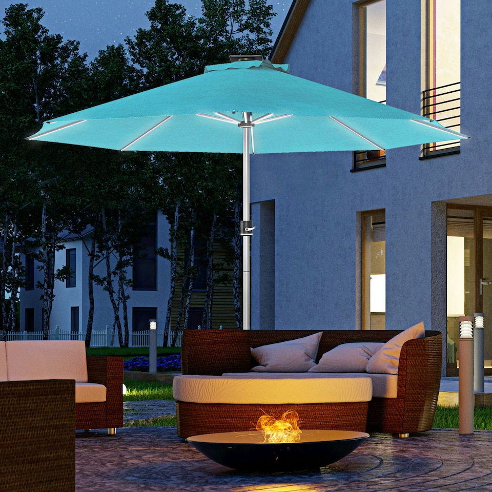 image 1 of Outsunny Solar Patio Garden Parasol with Lights for Outdoor, Blue