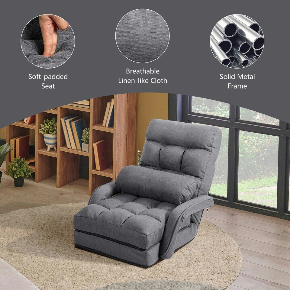 image 1 of COSTWAY 2 IN 1 Folding Lazy Sofa Lounger Adjustable Black Grey