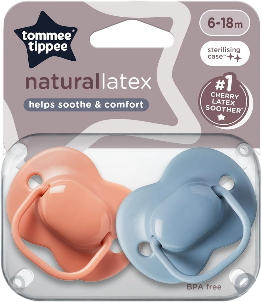 Tommee Tippee Natural Latex Cherry Soothers 2 Pack | BPA Free Baby Dummies with Cherry Shaped Teat & Steriliser Pod | Natural Latex Soothers for Newborns