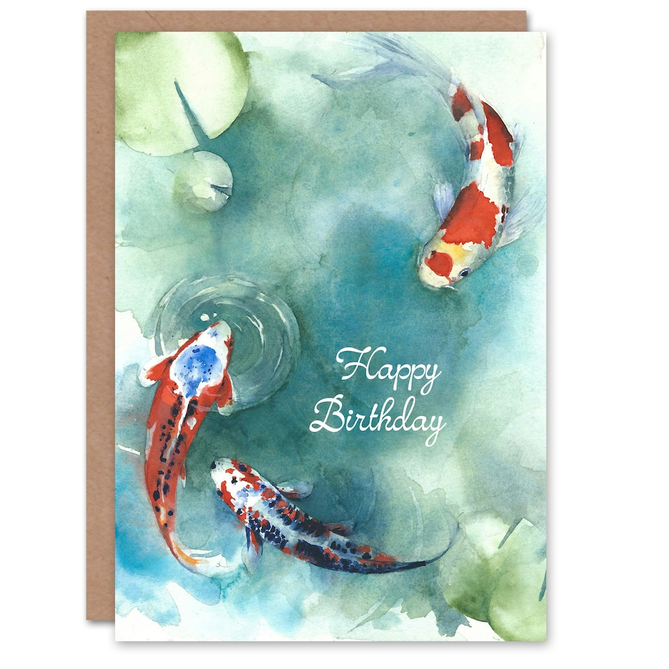 image 1 of Happy Birthday Japanese Koi Fish and Lily Pads Birthday Card