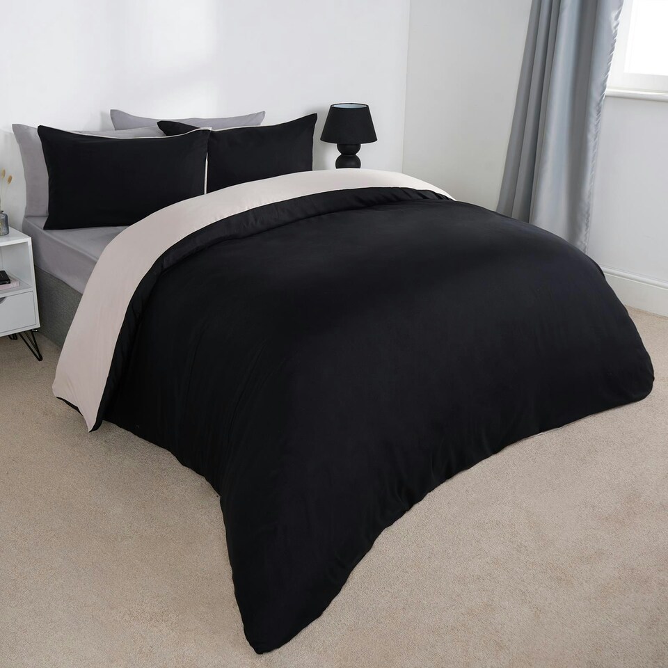 image 1 of OHS Microfibre Reversible Plain Duvet Cover and Pillowcase Set, Double - Black/Natural