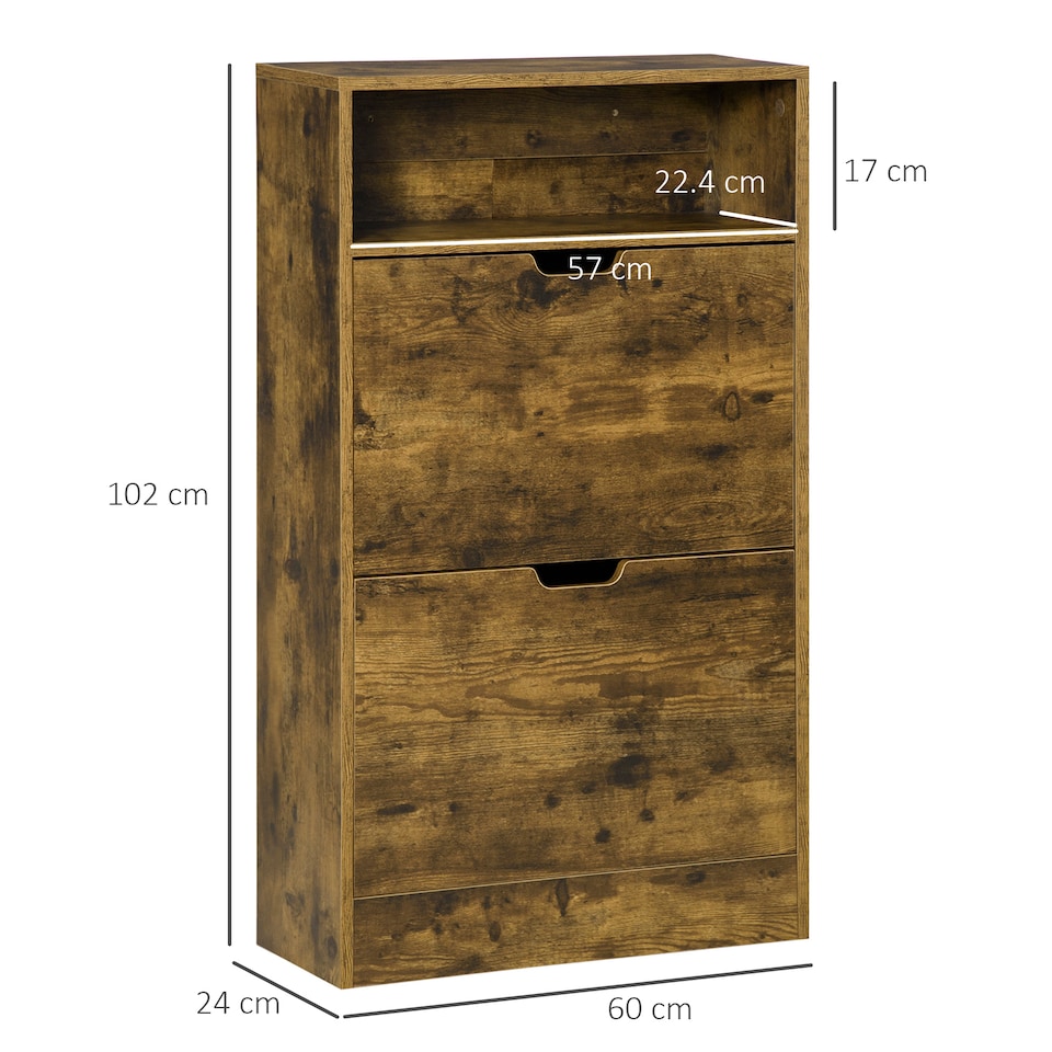 image 1 of HOMCOM Shoe Cabinet with 2 Flip Doors, Slim 2-Drawer Shoe Cupboard with Adjustable Divider and Open Compartment for 12 Pairs of Shoes, Entryway Storage Unit, Rustic Brown