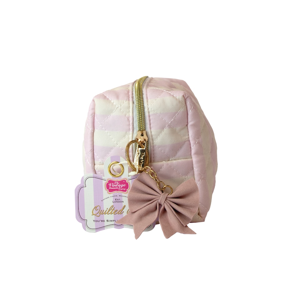 image 1 of Vintage Cosmetic Company Pink Stripe Quilted Make-Up Bag