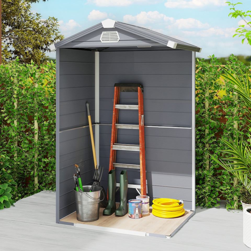 image 1 of Outsunny 4 x 3ft Plastic Garden Storage Shed with Foundation Kit, Polypropylene Outdoor Storage Tool House with Ventilation Slots and Lockable Door, Grey