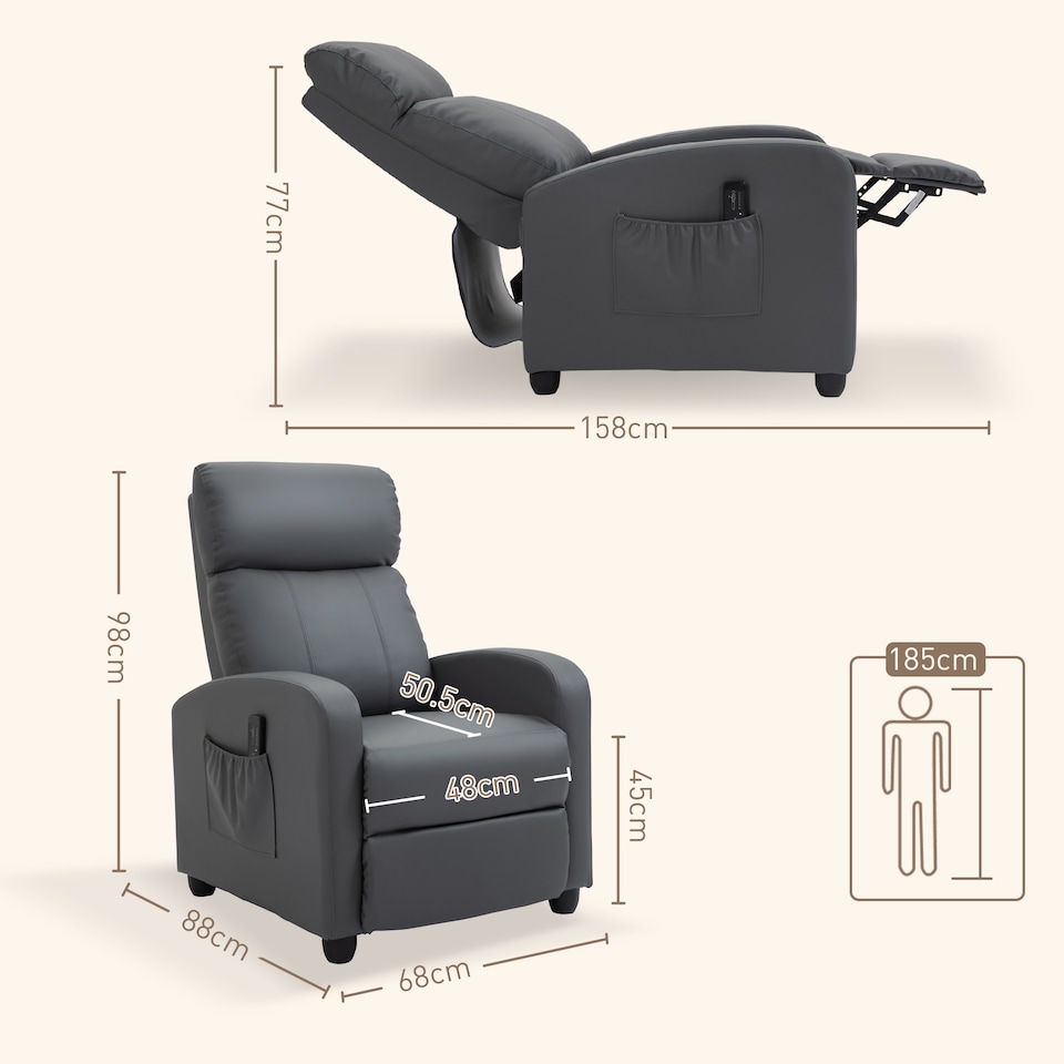 image 1 of HOMCOM Recliner Armchair, Massage Faux Leather Push Back Reclining Chair with Adjustable Leg Rest, Side Pocket, for Home Living Room Theatre, Grey