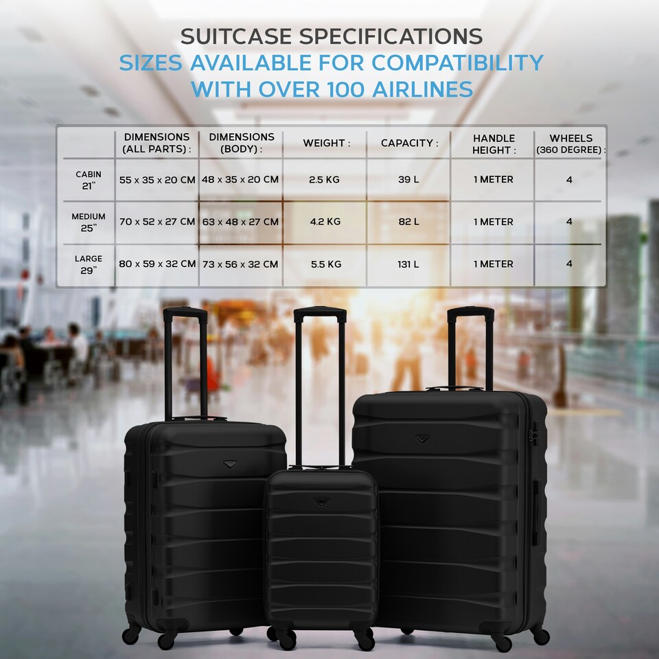 image 1 of Flight Knight 25" 4 Wheel ABS Hard Case Medium Suitcase 100+ Airlines Approved - easyJet, British Airways, Ryanair, Jet2, Emirates & Many More - Check-in | Black | Black Mono | Medium