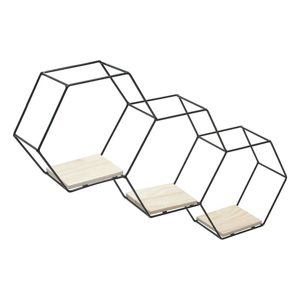 image 1 of Living and Home Iron Wall Mounted 3 Tier Hexagon Floating Dispaly Shelves- Black