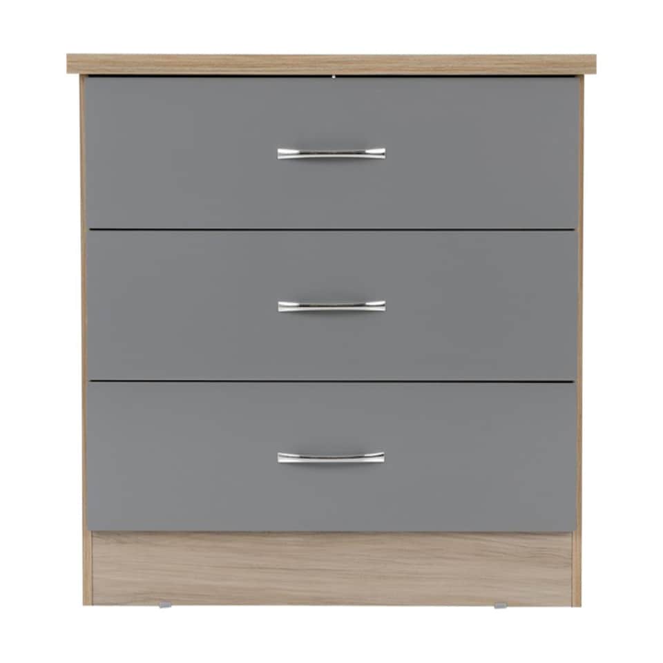 image 1 of Nevada 3 Drawer Chest - L40 x W81 x H70.5 cm - Grey Gloss/Light Oak Effect Veneer