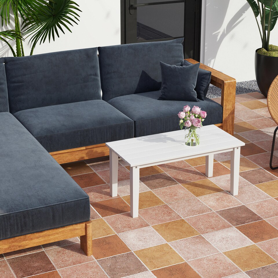 image 1 of Outsunny Outdoor Garden Coffee Table, HDPE All-Weather Rectangular Outdoor Garden Table with Slatted Tabletop for Patio, Balcony, 91 x 44 x 42 cm, White | White | White