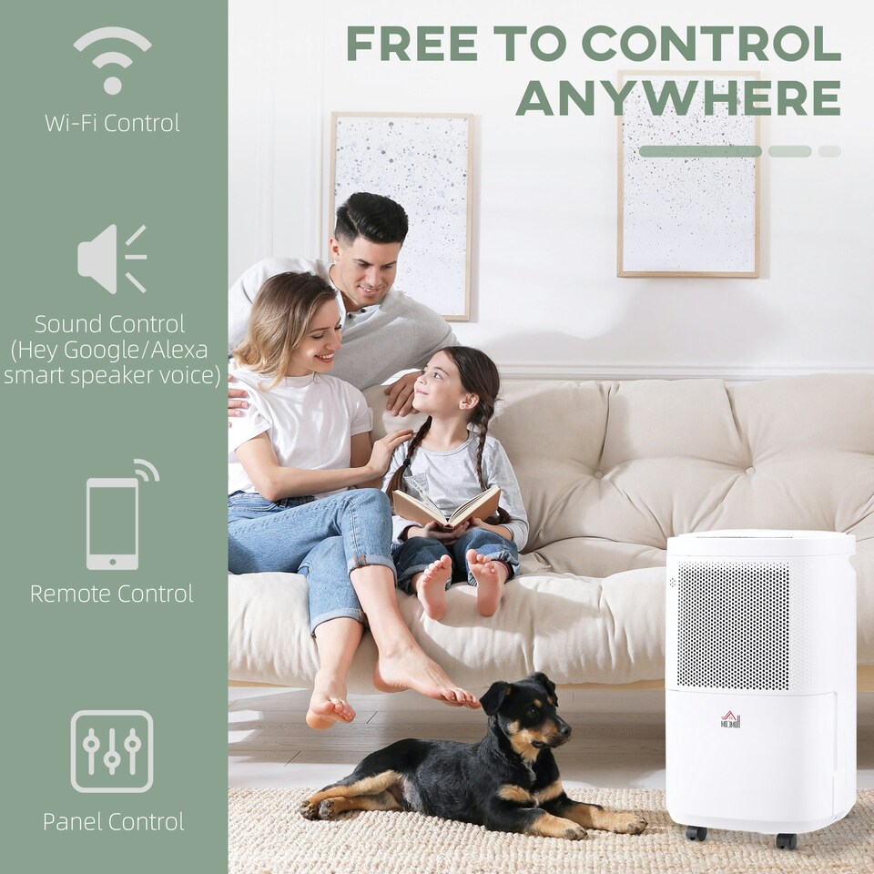 image 1 of HOMCOM 10L/Day 2.2L WiFi Smart Dehumidifier, Portable Quiet Air Dehumidifier