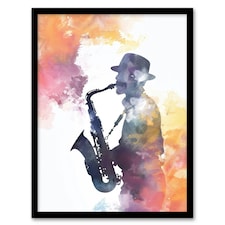 Saxophone Jazz Musician Orange Purple Home Decor Black Framed Wall Art Print A4