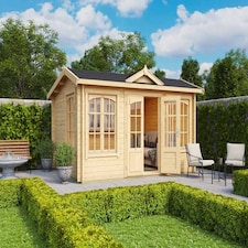 Windsor 44-Log Cabin, Wooden Garden Room, Timber Summerhouse, Home Office - L440 x W340.8 x H239.4 cm Brown