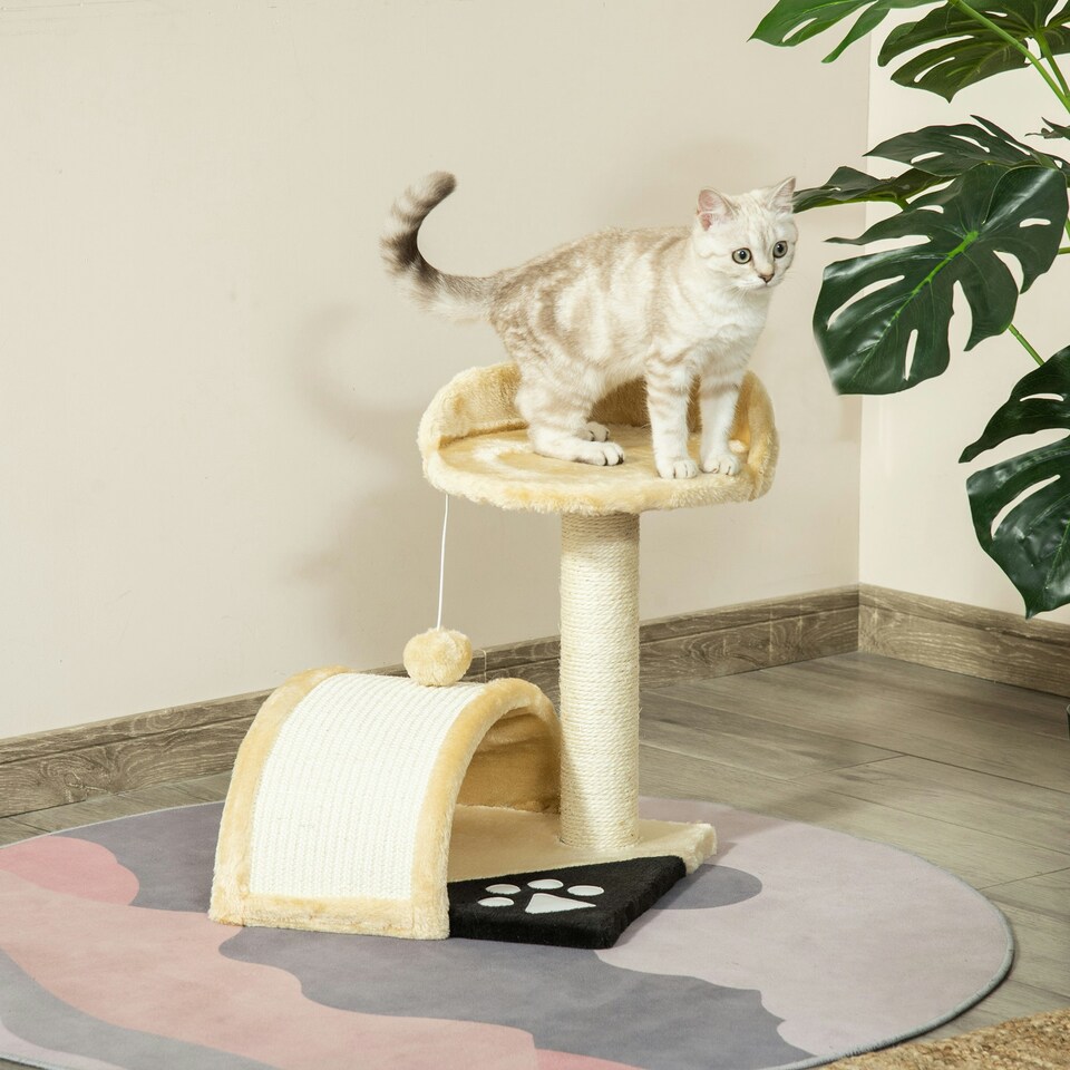 image 1 of PawHut Cat Tree Scratching Post Activity Centre Climber Hanging Ball Beige
