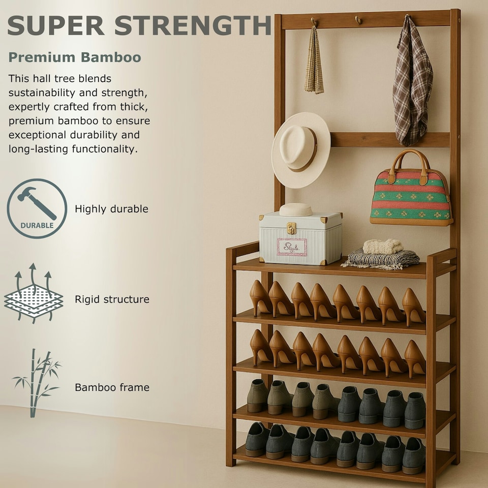 image 1 of Wooden Clothes Rack With 12 Hooks & 5 Tier Shoe Storage | Brown | One Size