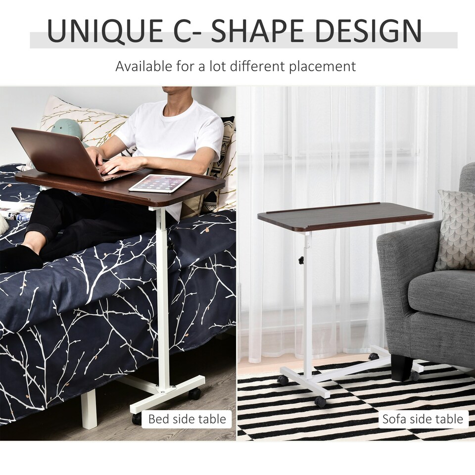 image 1 of HOMCOM C-Shaped Mobile Table Sofa Over Bed Side Nightstand w/ Casters, Brown