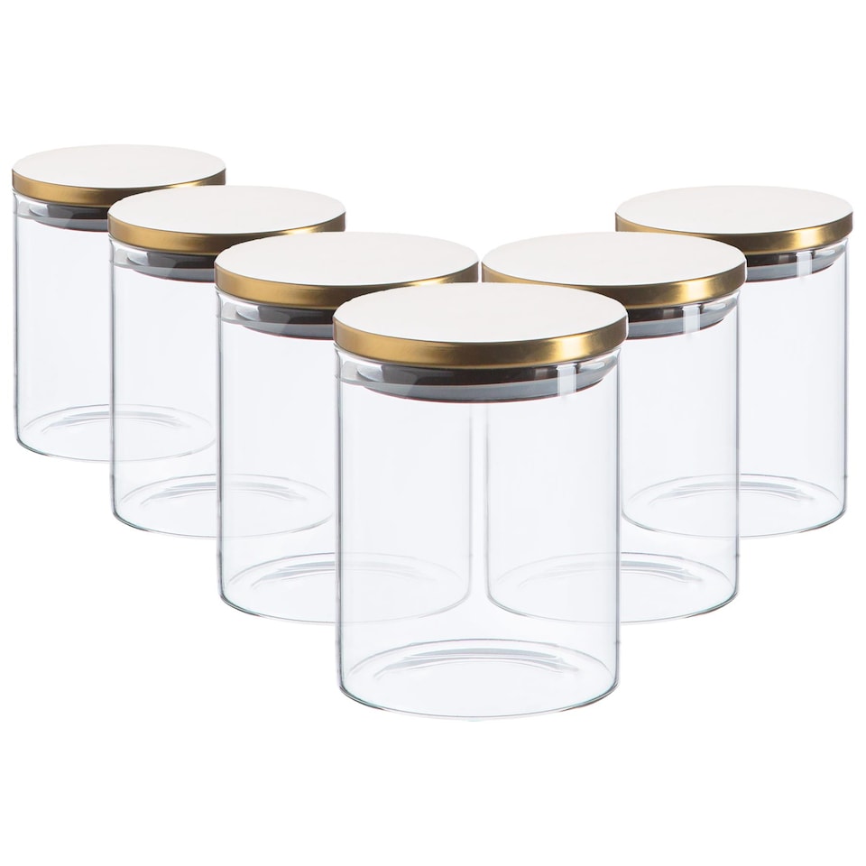 image 1 of Argon Tableware Glass Storage Jars - Gold Lid - 750ml - Modern Round Scandi Organisation Container Glass Jar - Set of 6