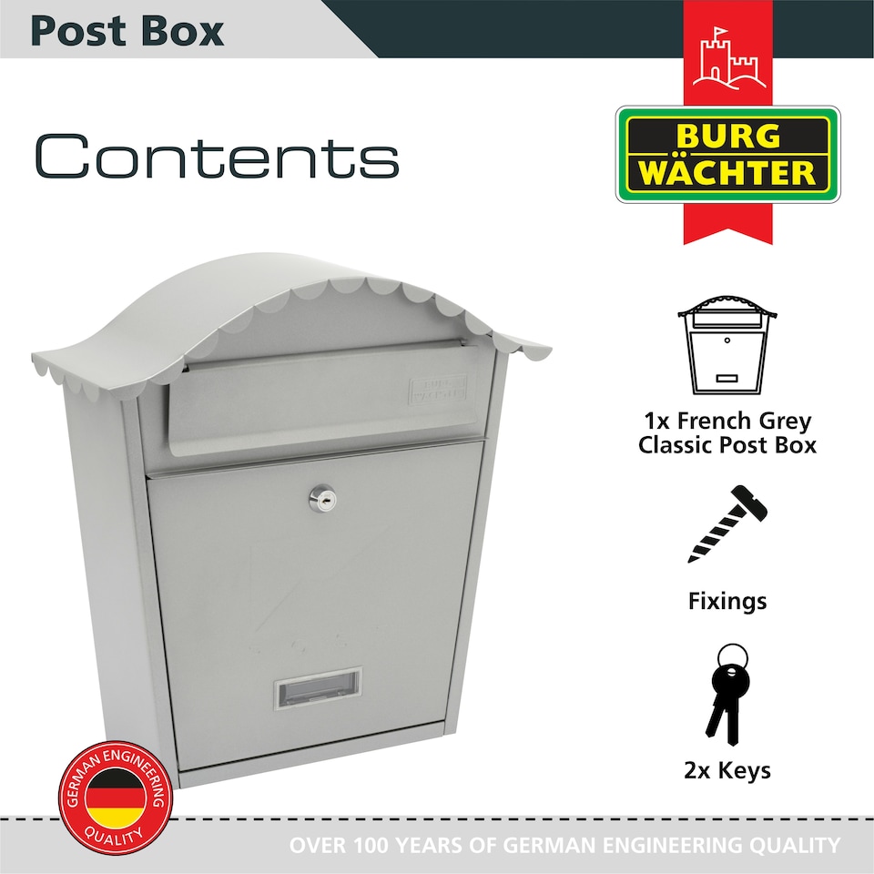 image 1 of Burg-Wachter Classic Wall Mounted Galvanised Steel Lockable Weatherproof Post Box - 36x37x13cm Grey | French Grey